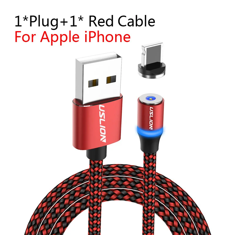 For iPhone Red USLION 1 м 2 м светодиодный магнитный кабель USB type-C и Micro USB для iPhone Xs Max 8 7 6 для samsung Xiaomi HUAWEI зарядный кабель - Цвет: For iPhone Red