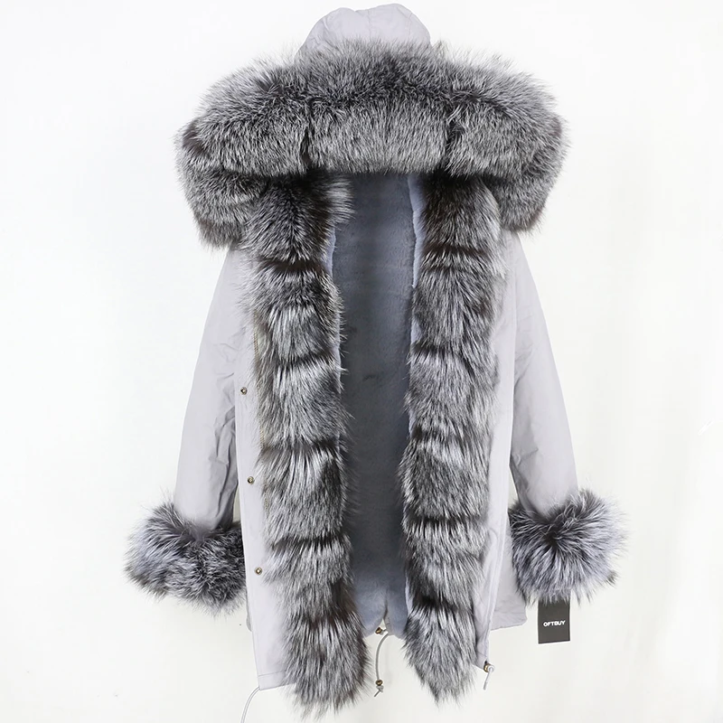 grey silver Брендовая парка натуральный Лисий меховой воротник зимняя куртка женская шуба натуральная Толстая теплая длинная парка Большая Меховая Верхняя одежда Съемная - Цвет: grey silver