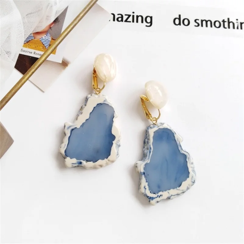 Fashion Geometric Round Acrylic Long Dangle Earrings Korean Creative Irregular Resin Ear Clips For Women Jewelry Accessories | Украшения и