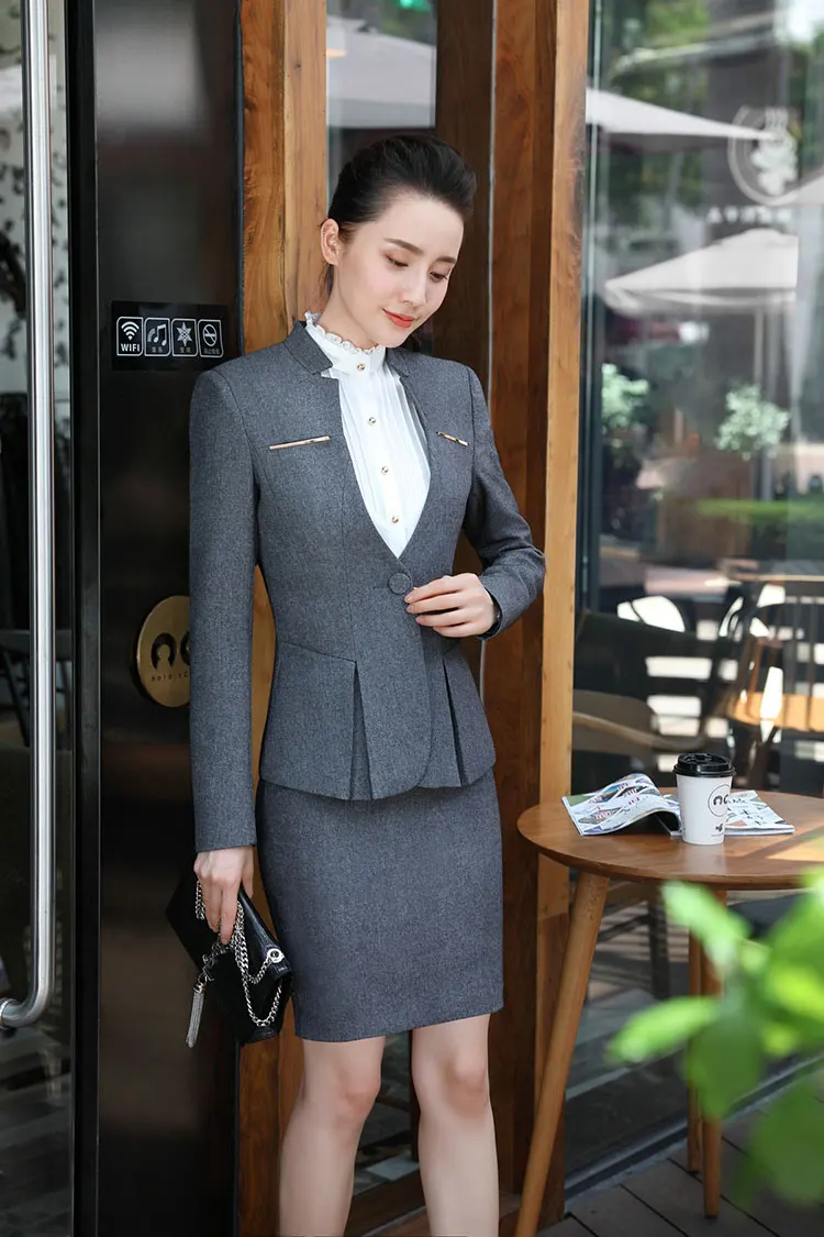 gray top and skirt IZICFLY Серый Блейзер и брюки набор для женщин Униформа Женский костюм с брюками элегантный тонкий бизнес Blezer Femenina офисная одежда - Цвет: gray top and skirt