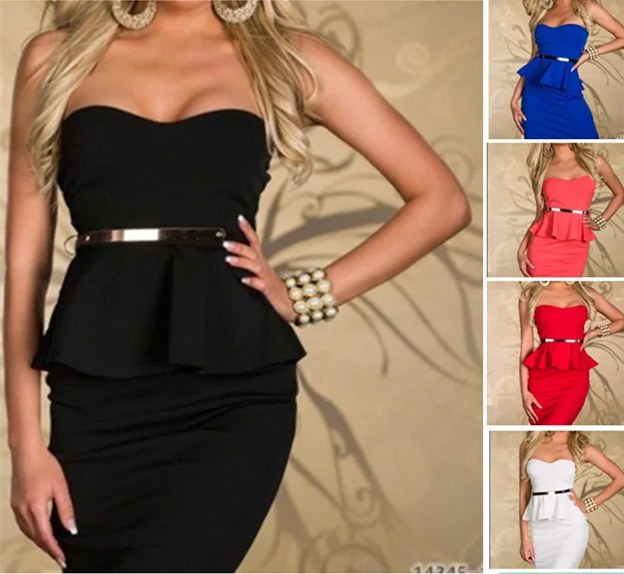 Sexy Womens Mini Dress Club Wear Night Party Evening Adult Outfit Lotus Leaf Strapless With Belt D133 Size S M L XL | Женская одежда