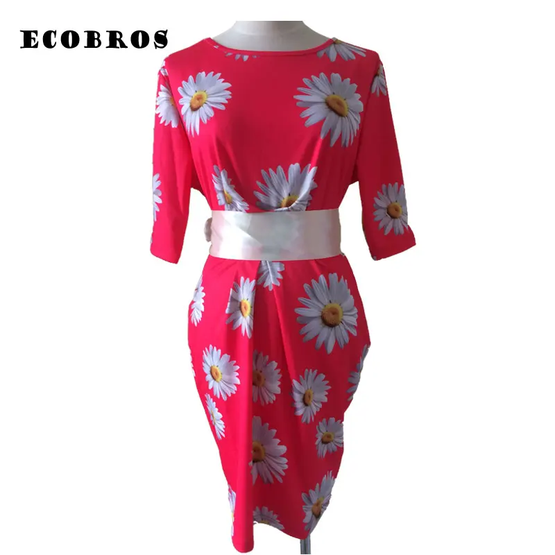 ECOBROS Большой размер 6XL Новый Жира ММ Женщины Лето Dress bodycon хризантемы печати