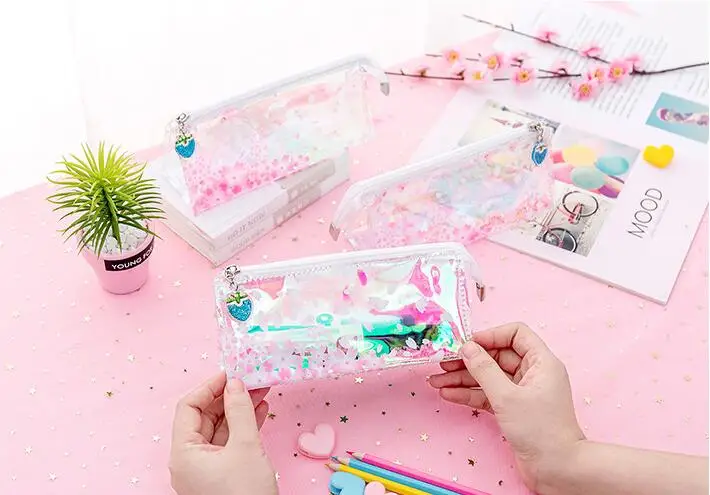 1 шт. цветной лазерный чехол-карандаш с блестками Kawaii Cherry Blossom Прозрачный большой чехол-карандаш канцелярская коробка для карандашей для девочек подарок