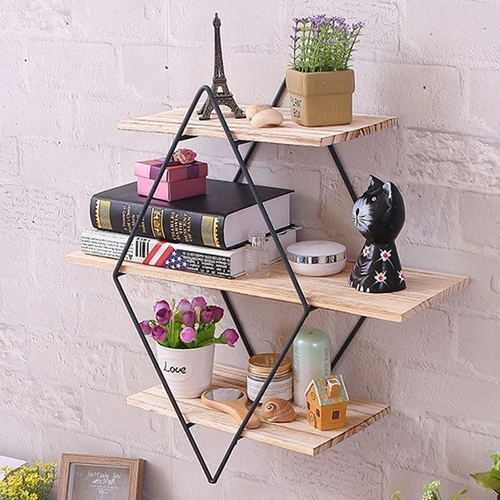 

Wall Storage Shelf Vintage Iron Metal Wood Rack Industrial Style Rhombus Wood Iron Craft Wall Book Hanging Rack Home Decoration