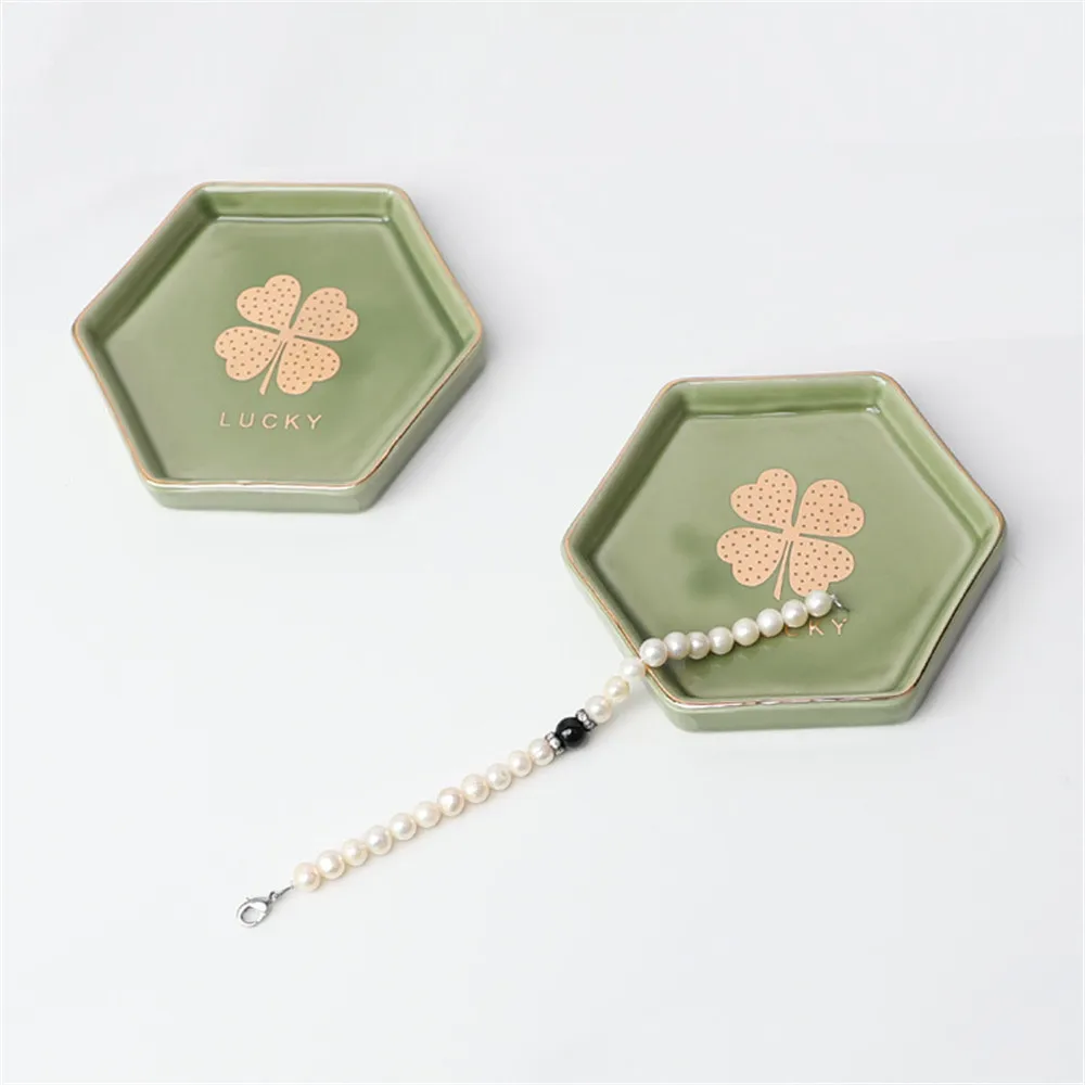 Nordic Green Ceramic Plate Chic Hexagon Jewelry Tray Lucky Four-leaf Clover Storage Handmade Golden Rim Dish | Дом и сад
