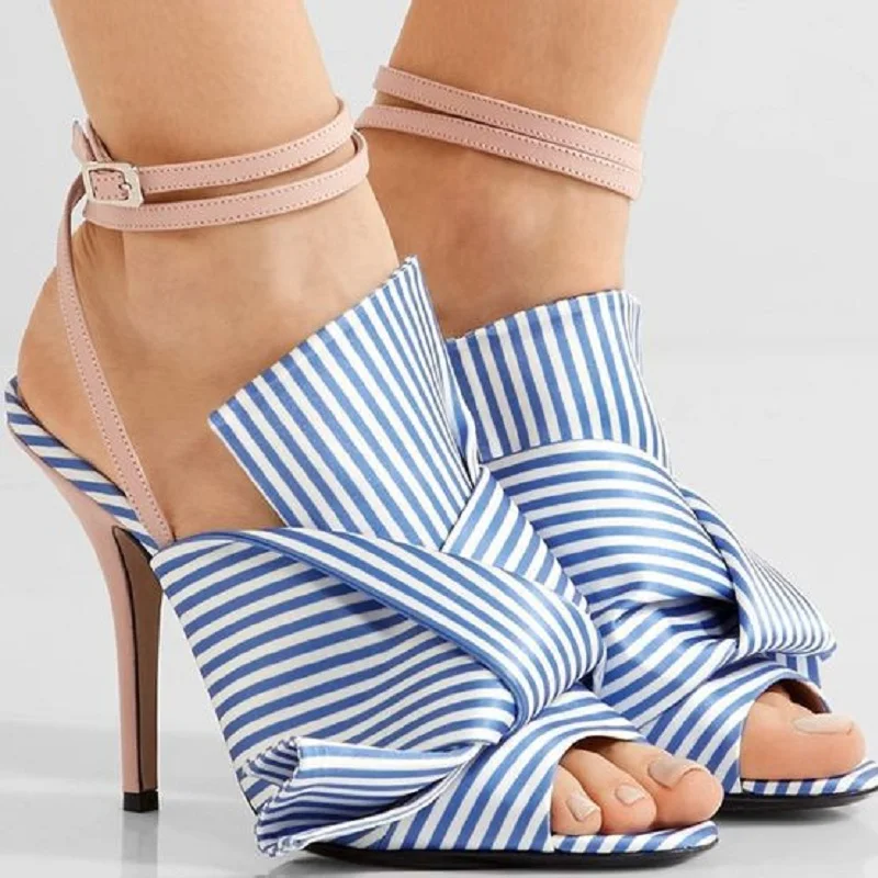 Сандалии женские на высоком каблуке шпильке пикантные босоножки в полоску с