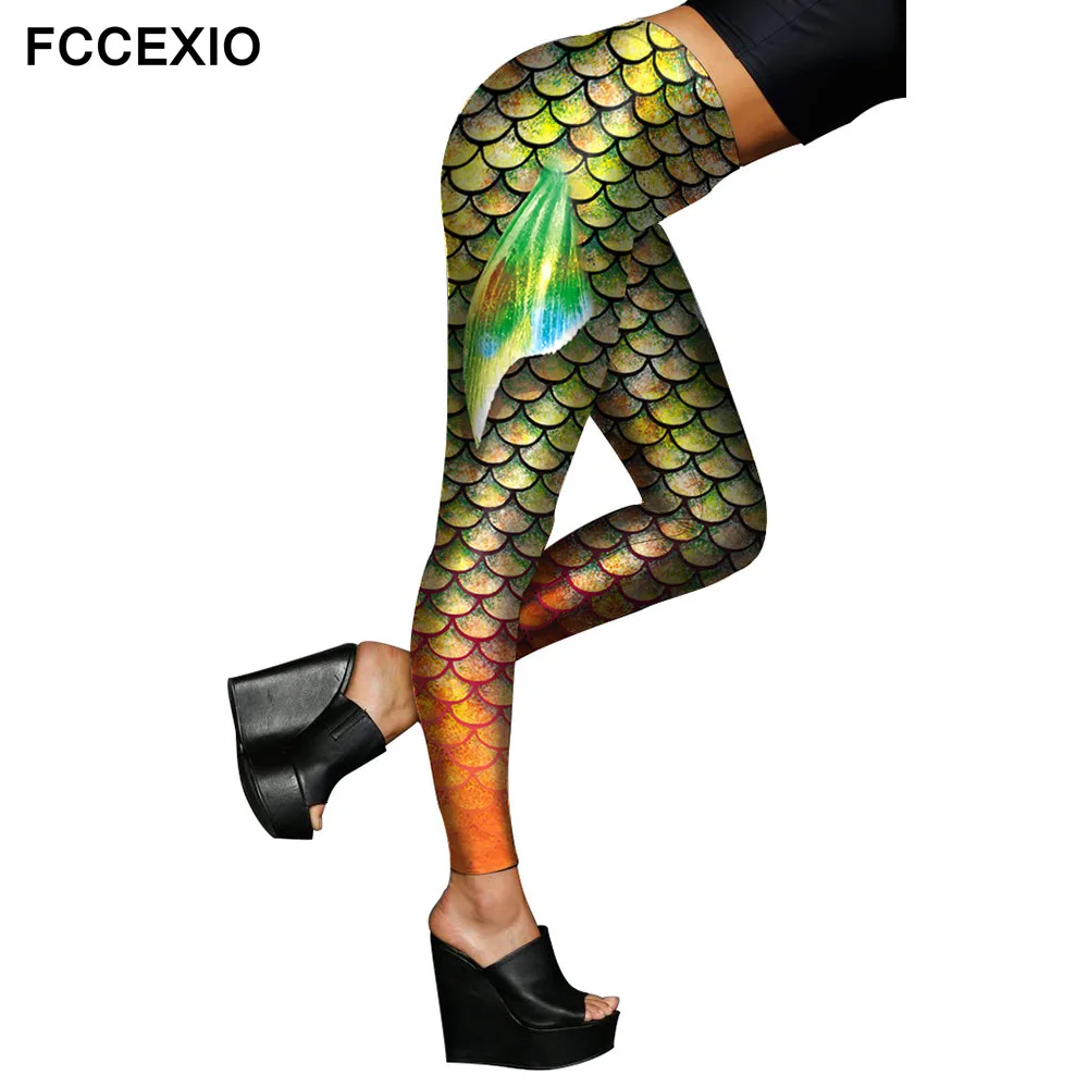 Женские блестящие леггинсы FCCEXIO зеленые Леггинсы с принтом в виде крыльев