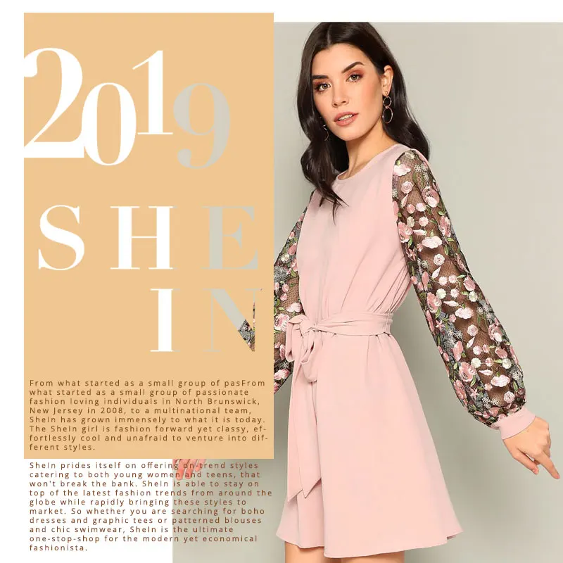 SHEIN Платье С Поясом И Сетчатыми Рукавами, Платье С Цветочной Аппликацией И Прозрачными Рукавами