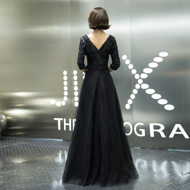 weiyin 2019 New Black Half Sleeves V-neck Elegant Sequined Zipper Luxury Party Formal Dress Floor Length Evening WY1526 | Свадьбы и