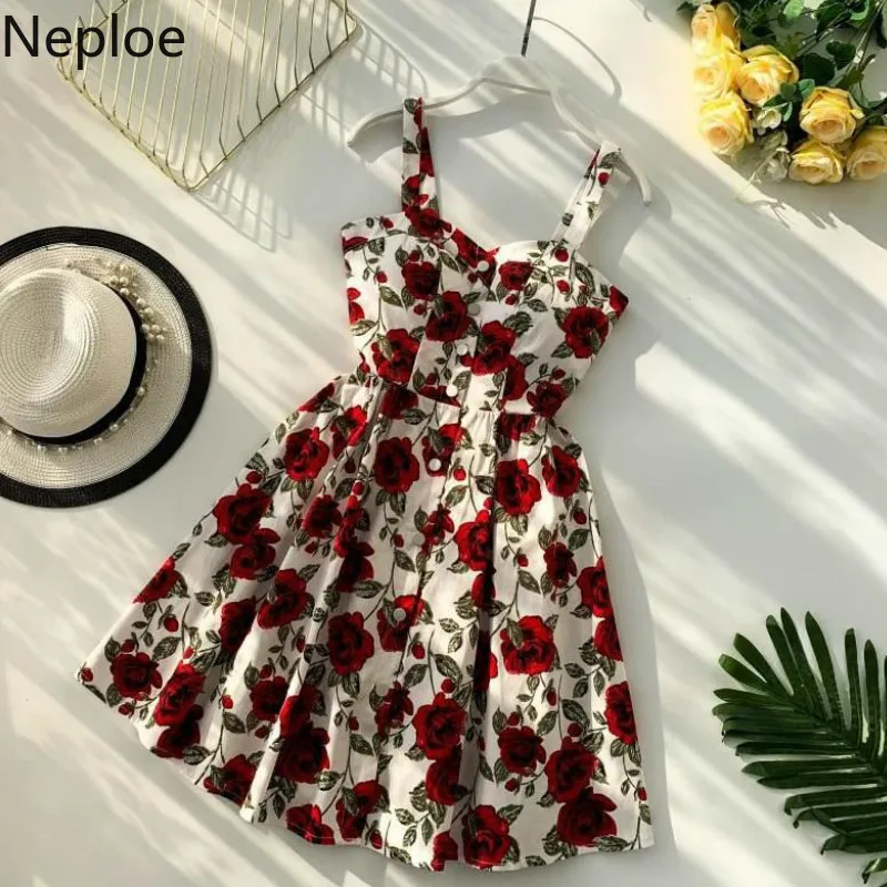 Neploe Boho, женское платье с цветочным принтом, летнее, на тонких бретелях, с v-образным вырезом, Vestidos, модное ретро пляжное платье для вечеринки, 45338
