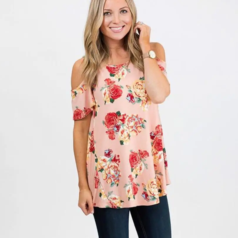 2017 Горячая футболка женская цветочная o образным вырезом с открытыми плечами