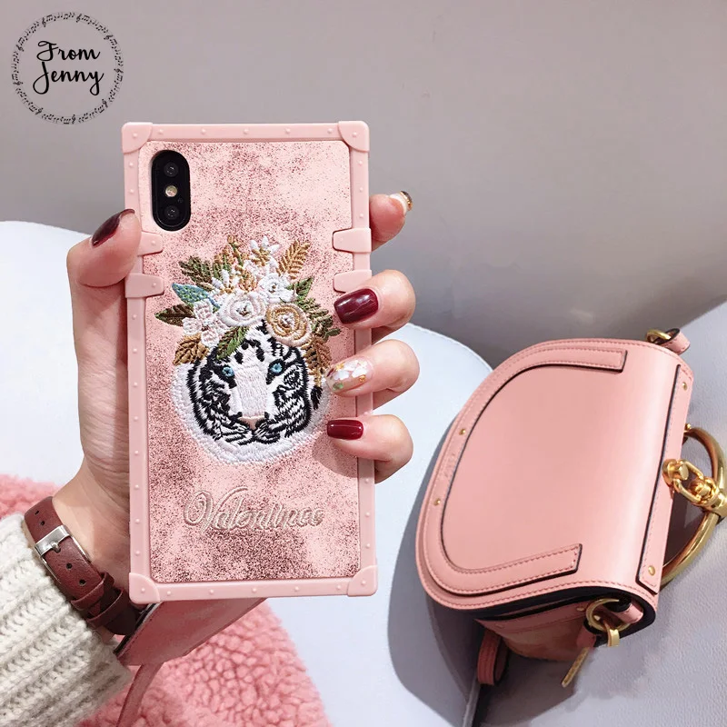 From Jenny Fabric Embroidery Flamingo Phone Case for iphone 8 8plus 7 7plus 6/6S Plus X Pink Soft Back Cover |