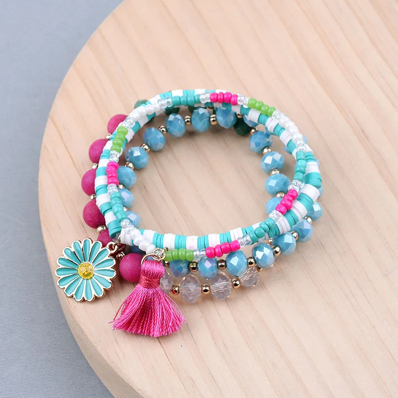 BOJIU Cute Rubber Acrylic Crystal Charm Bracelets Women Sky Blue Pink Green Red Beads Flower Tassel Set BCSET208 | Украшения и