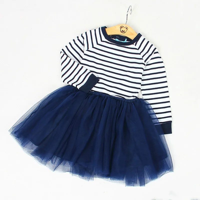 

baby Girls stripe Dresses autumn winter long sleeve Girl Lace Mesh Kids Dresses For Girls Christmas Child Clothes casual dress