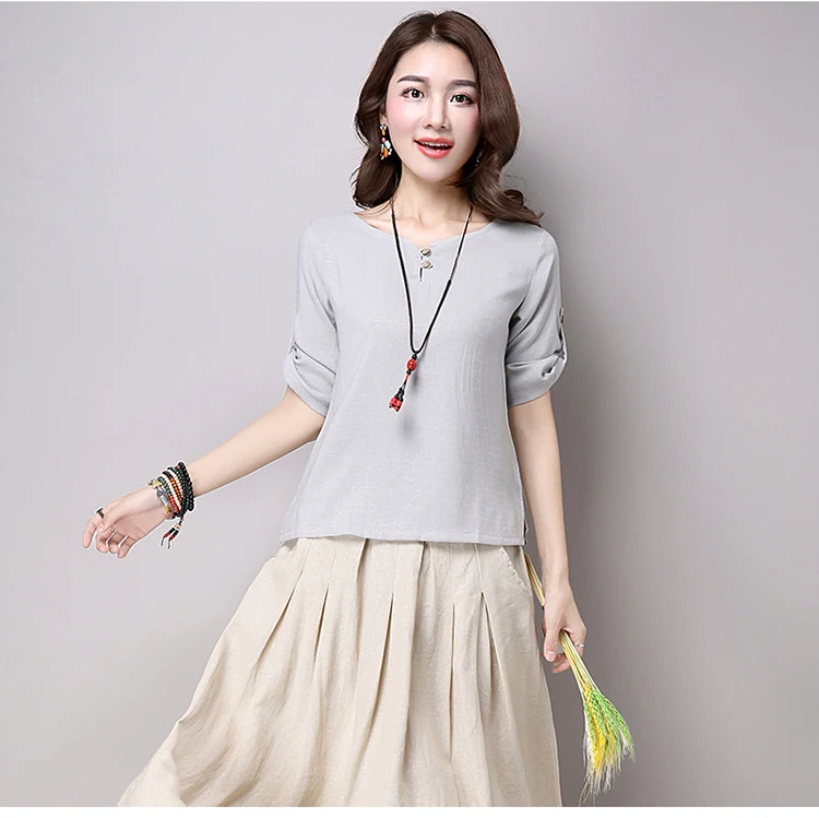 Женская хлопковая льняная рубашка с круглым вырезом и рукавом 3/4 свободные топы