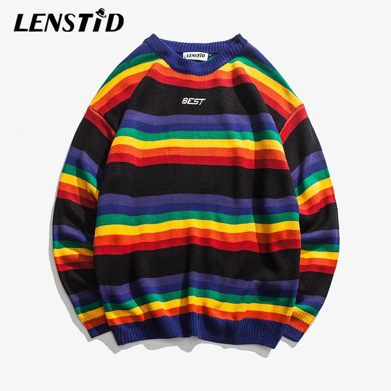 LENSTID 2019 осень уличная Радужная полосатый свитер Мужская хип хоп вязаный пуловер