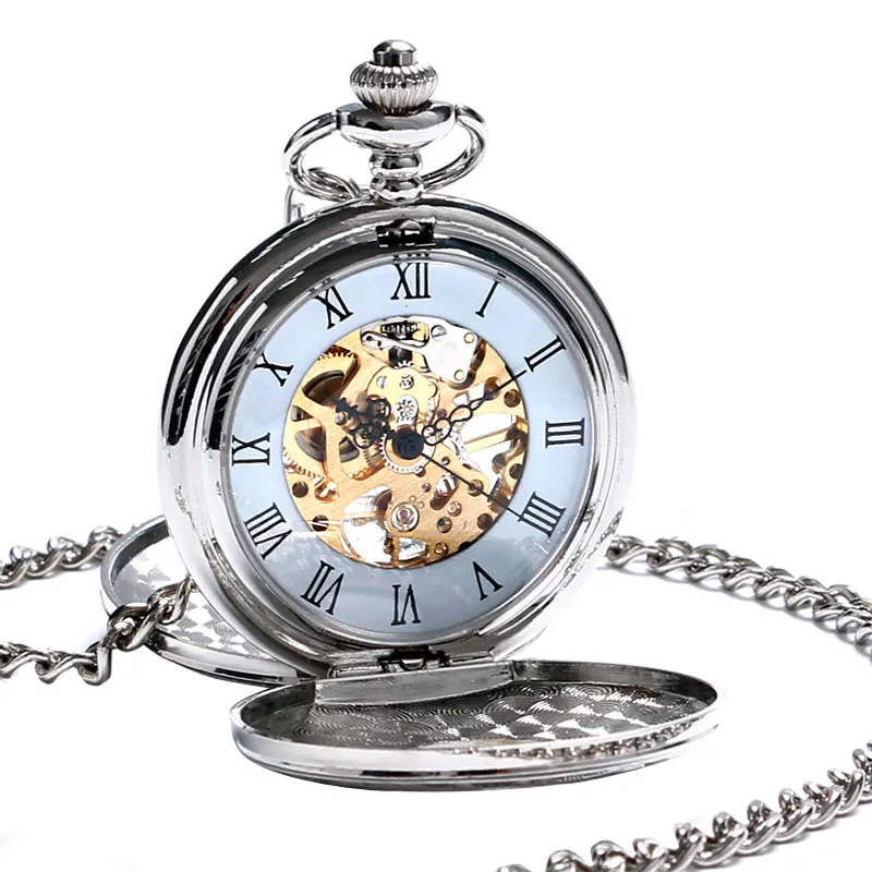 Luxury Pocket Watch Set Roman Numbers Silver Mechanical Hand Fob Watches Clock With Box Bag Gift For Men Women