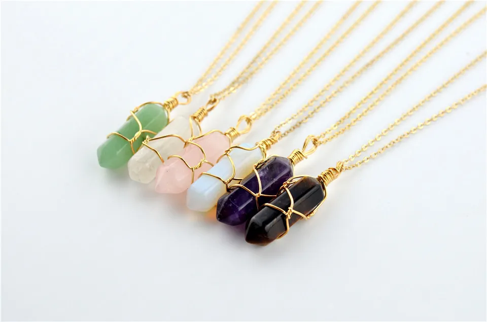 Wholesale Gold &amp Silver Cover Crystal Point Pillar Charm Prism Trendy Natural Stone Pendant for Necklaces Jewelry Making 24PCS |