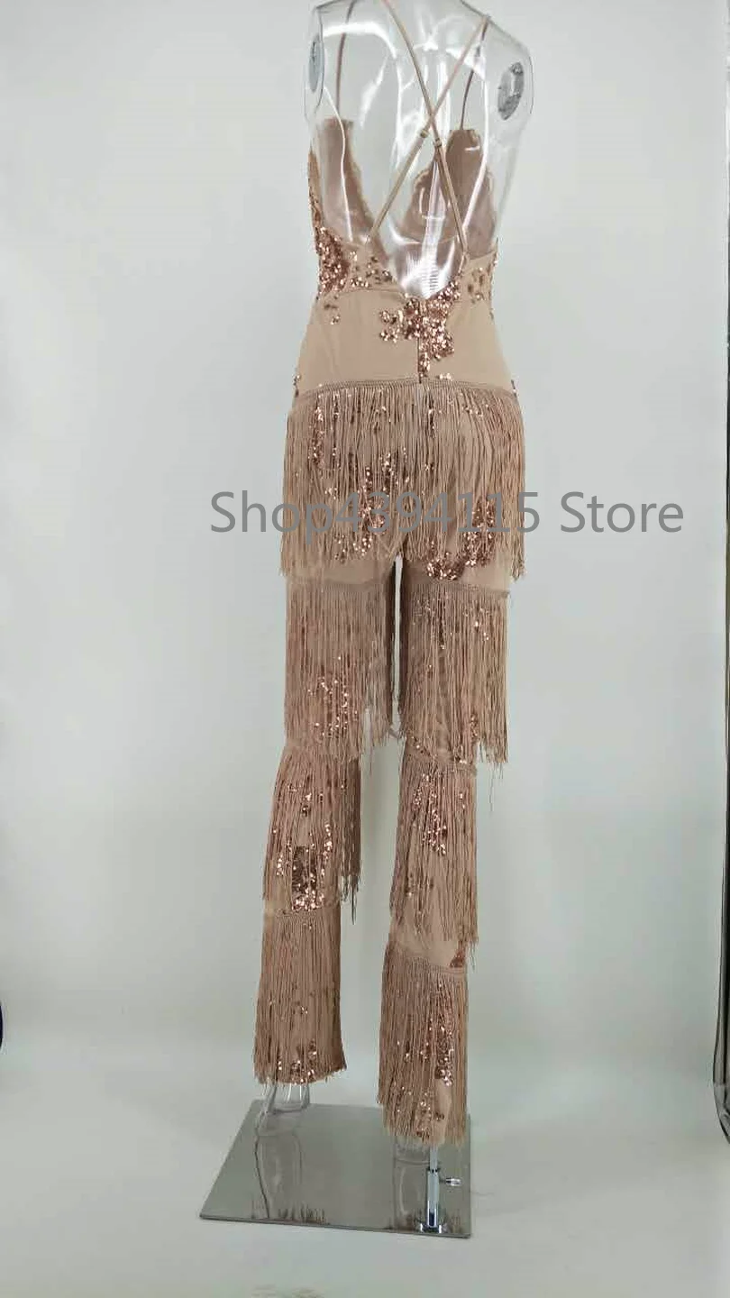 Модный сексуальный женский комбинезон с блестками кисточками 2018 v образный вырез