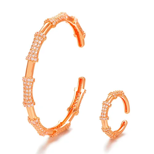 Rose Gold Set GODKI бамбуковый узел роскошный сверкающий Полный AAA кубический цирконий геометрический дизайн для женщин браслет и кольцо набор ювелирных изделий - Окраска металла: Rose Gold Set