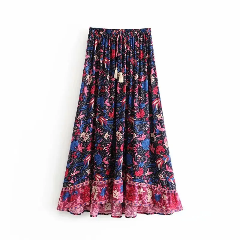 Vintage chic women Hippie birds floral print beach Bohemian pleated skirt High Elastic Waist Maxi A-Line Boho Skirt Femme
