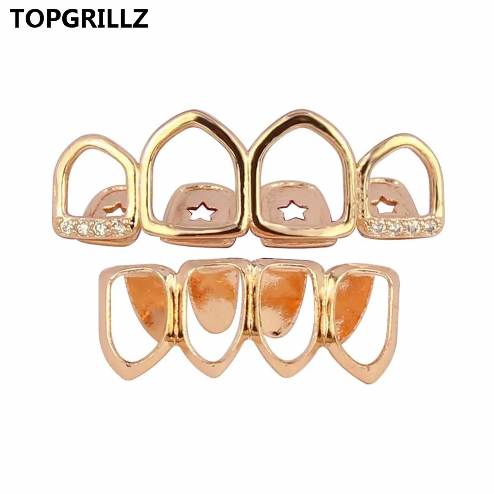 Набор гриля TOPGRILLZ золотого цвета четыре полнолицевых полых зуба топ с фианитами и