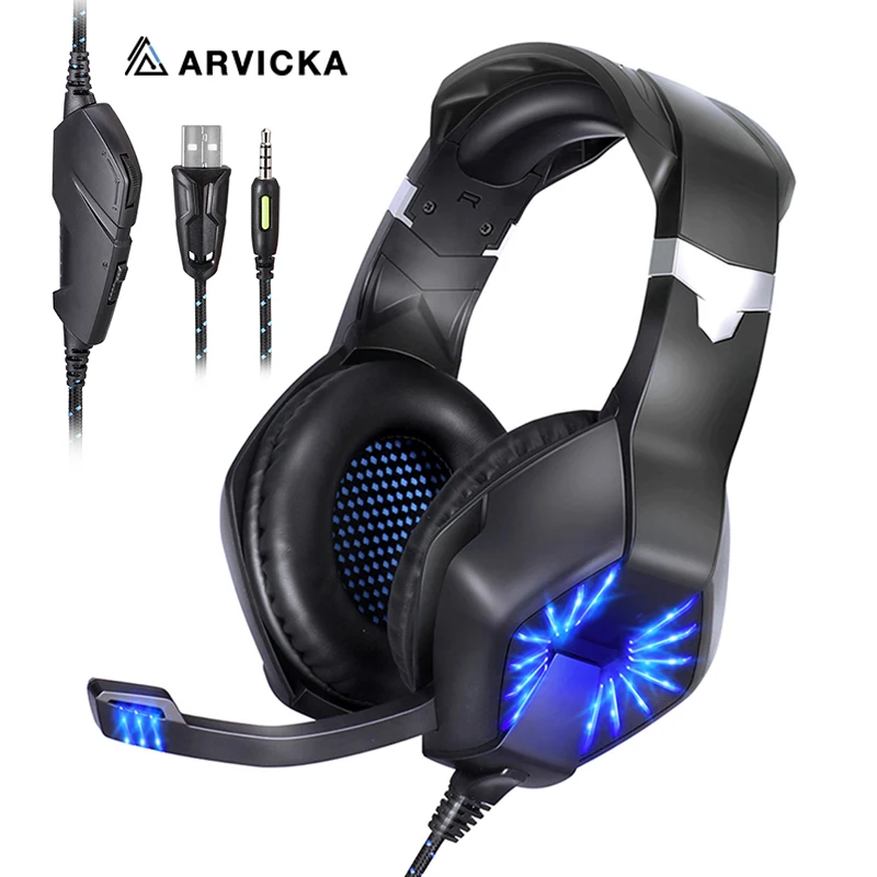 Arvicka светодиодный Игровые наушники стерео PS4 игровой гарнитуры за ухо с микрофоном наушники для портативных компьютеров Gamer