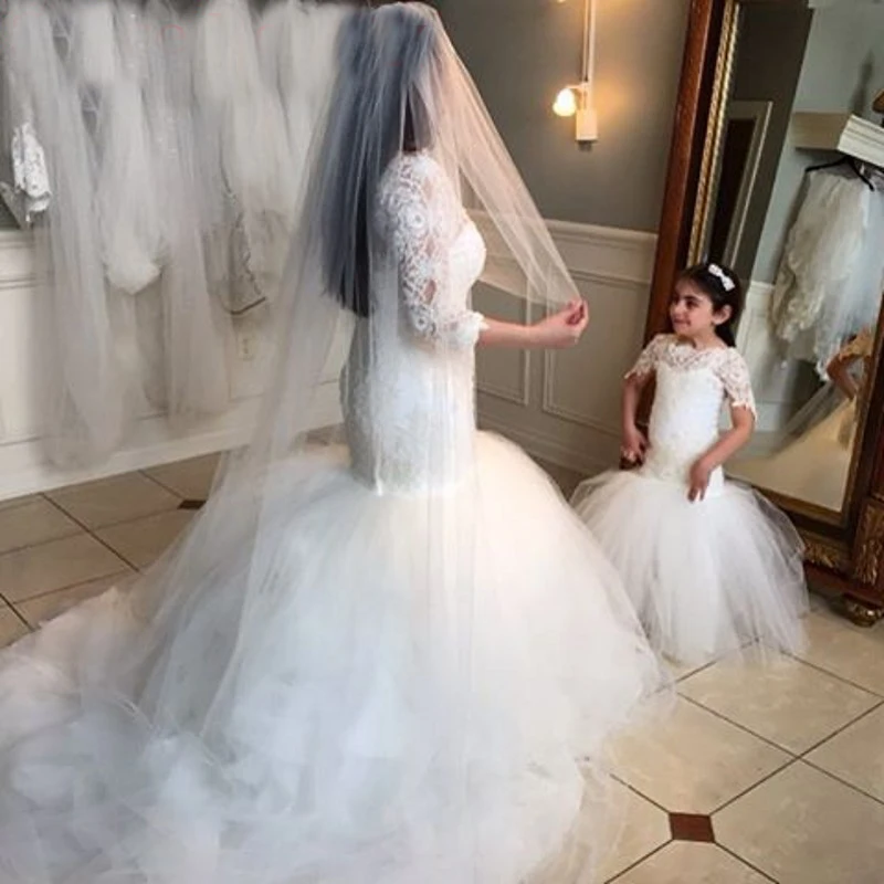 

White Lace Scoop Neckline Girl Vestido Clothes Appliqued Glitz Pageant Mermaid Flower Girls Dresses Prom Birthday