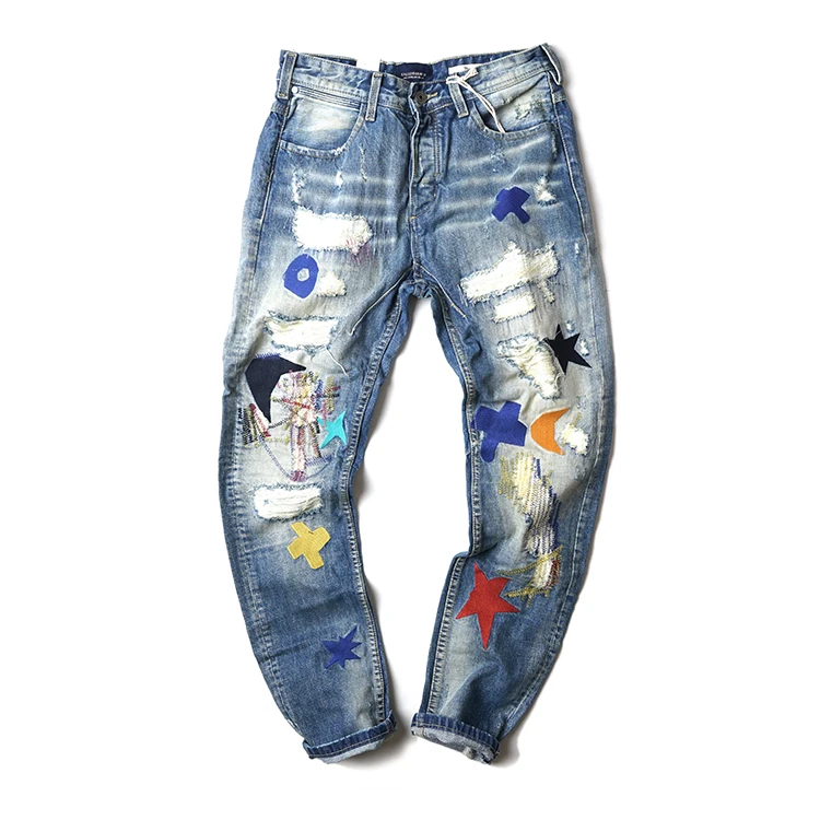 ABOORUN Марка NEW fashion Hi Street Мужская Мода рваные, потертые джинсы с рисунком пентаграммы Джинсы с вышивкой мужской в стиле «хип-хоп» Джинсы R322