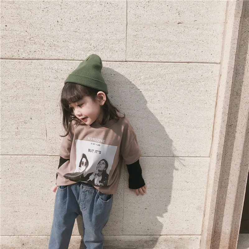 Модные лоскутные футболки с длинными рукавами в Корейском стиле для мальчиков и