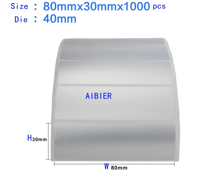 AIBIER Matte silver waterproof label 80*30mm 1000pcs/1Roll Thermal transfer blank PET barcode Labels adhesive printed sticker |