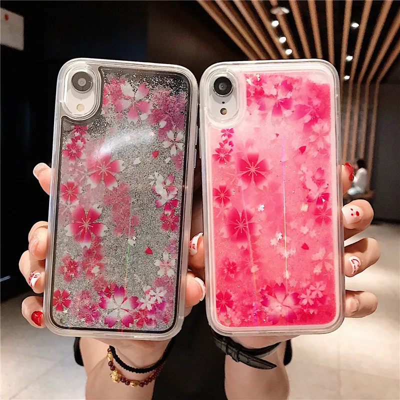 Shiny Quicksand Glitter Pink Flower Phone Cases For iPhone 8 7 6 6s Plus Hard PC Back Cover Floral Case X XS MAX XR |