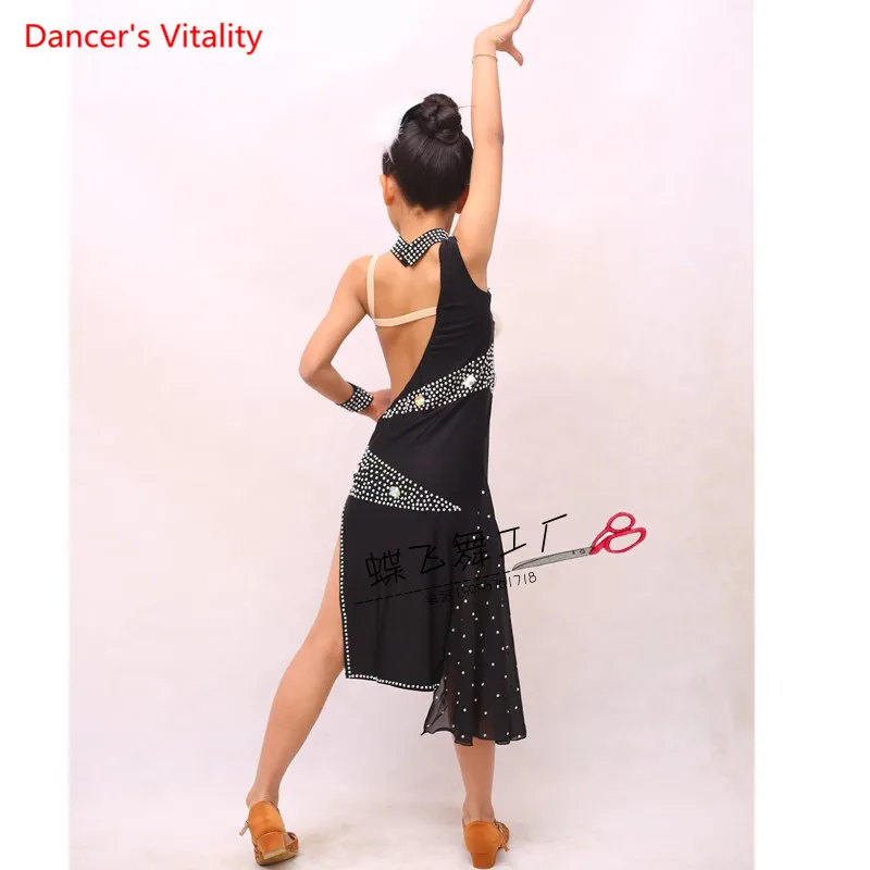 

Luxury Embroidery Diamond Latin Dance Dress Girls Dancing Performance Competition Clothing Children Kids Ballroom Dance Costume
