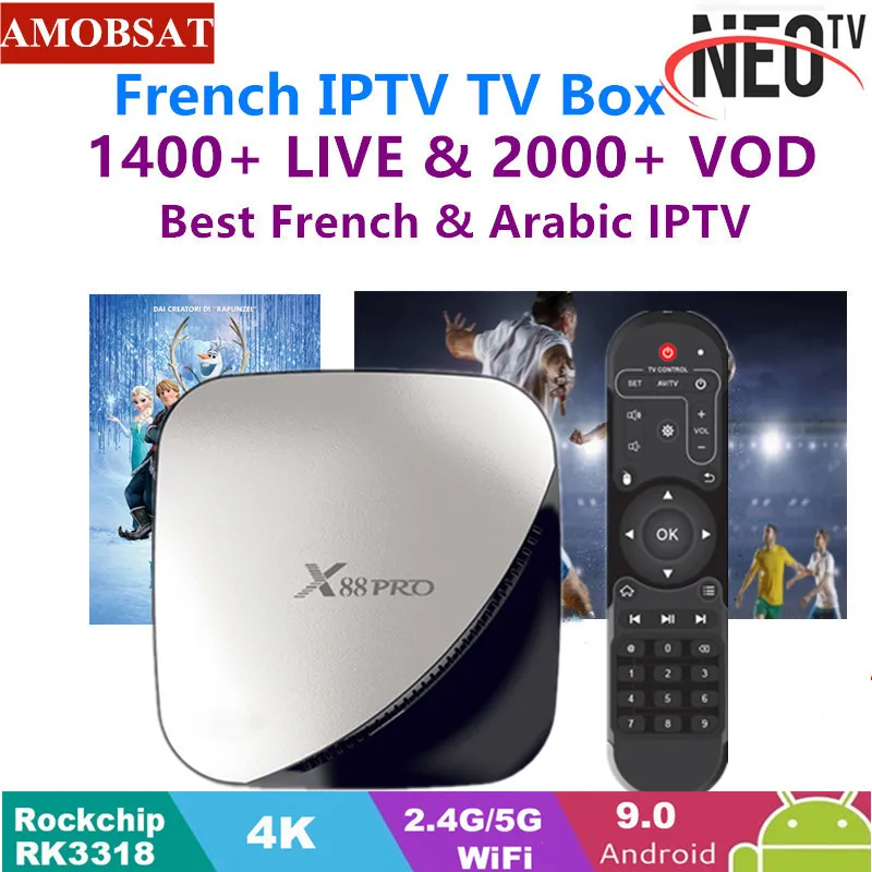 X88 pro Android 9,0 ТВ приставка 4G 64G+ 1 год NEO pro французская IP tv подписка 4K HDR приставка USB 3,0 Поддержка 3D фильма ОТТ ТВ приставка