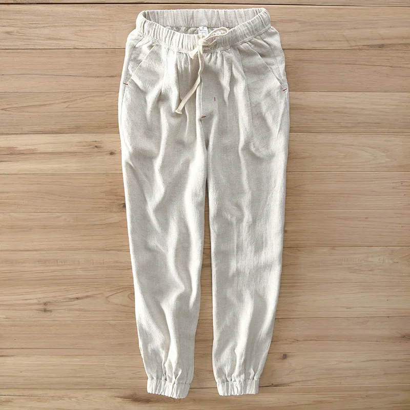 Men's New Summer Casual Pants Natural Cotton Linen Trousers White Elastic Waist Flare Man's Elegant and comfortable | Мужская