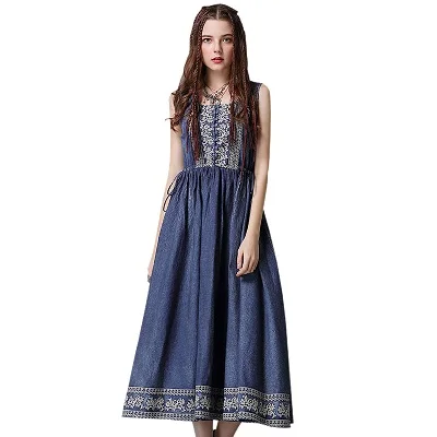 Летнее платье юзи. Может Boho новые джинсовые Для женщин платья трапециевидной формы, с круглым вырезом, качели и цветочной вышивкой сарафан A82077 Vestidos - Цвет: Denim