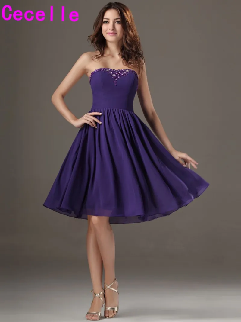 Фиолетовая короткая длина до колена бисером шифоновое платье для подружки