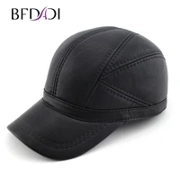 bfdadi high quality faux leather hat genuine winter leather hat baseball cap adjustable for men black hats free shipping