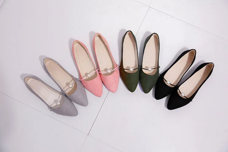 

NewFlat Fashion Loafers Work Womens Shoes Shallow Pointed Toe Slip-On Solid Sweet Bead Decoration PU Leather Casual Female Shoes