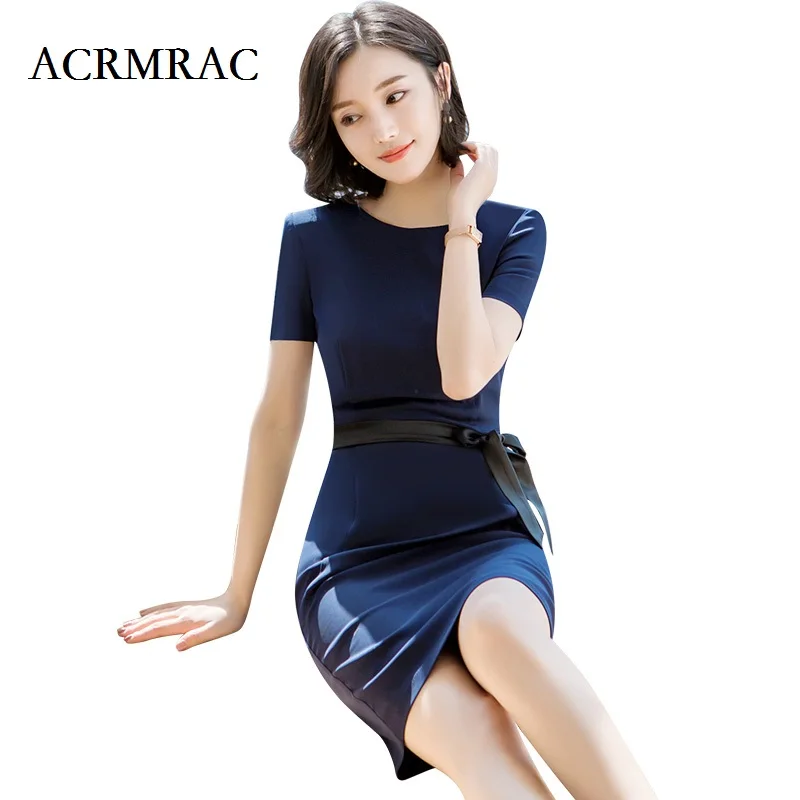 

ACRMRAC Women New short sleeve dress Solid color Slim Business OL Formal Dress