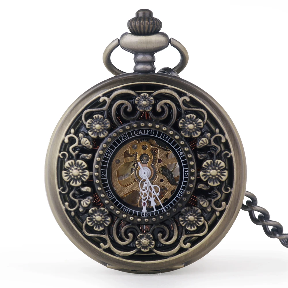 Exquisite Skeleton Flower Manual Mechanical Pocket Watch Vintage Steampunk Necklace Pendant for Men and Women Accessories