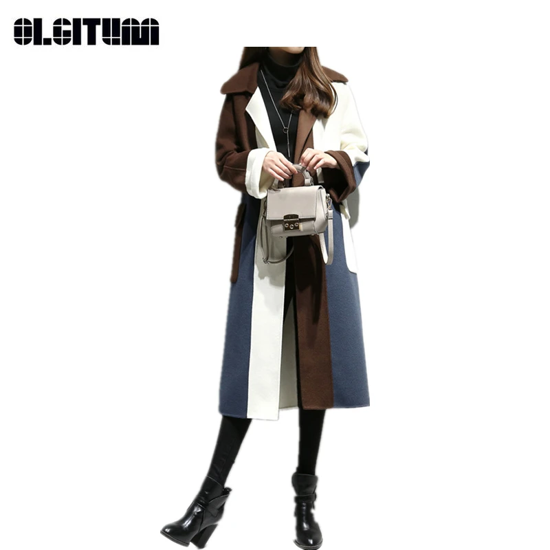 

New 2020 Autumn and Winter Women Large Size Long Woolen Coat Female Stitching Contrast Color Open Stitch Slim Coat