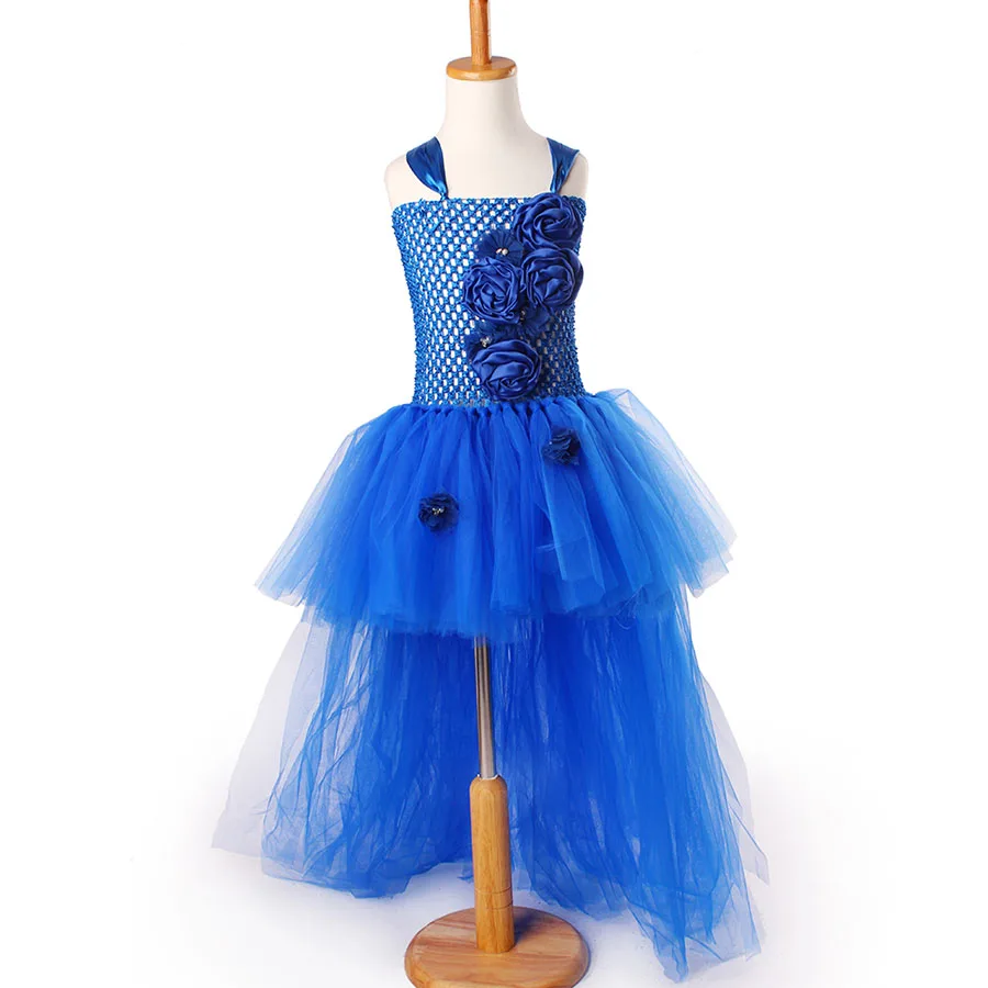 Kids Blue Flower Long Tail Tutu Dress 2018 new Baby Girl Floral Elegant Costume Princess Wedding Ball Gown Birthday TUTU | Детская