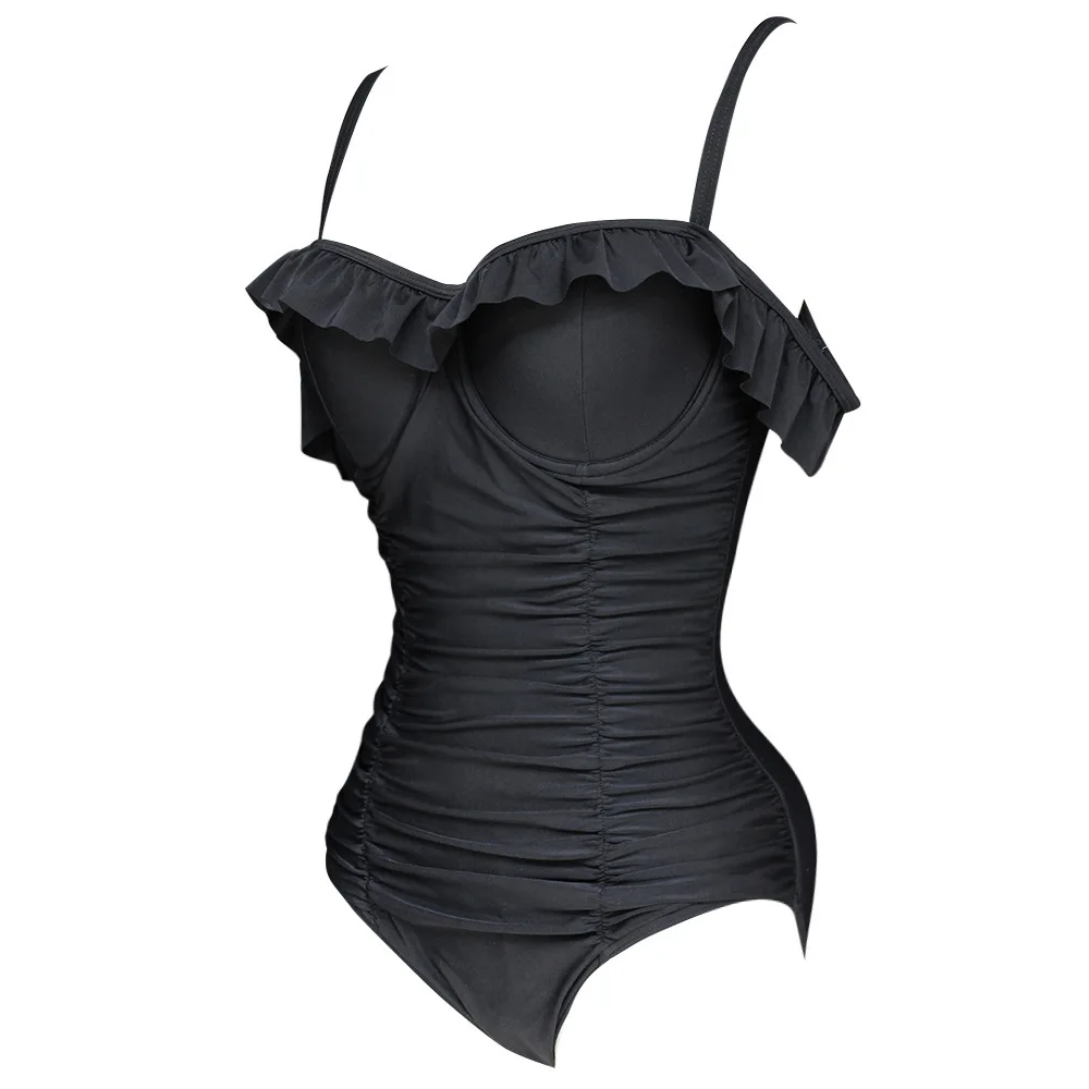 Женский слитный купальник размера плюс, монокини с открытыми плечами и рюшами, купальник пуш-ап с рюшами, для похудения,, винтажный пляжный купальный костюм