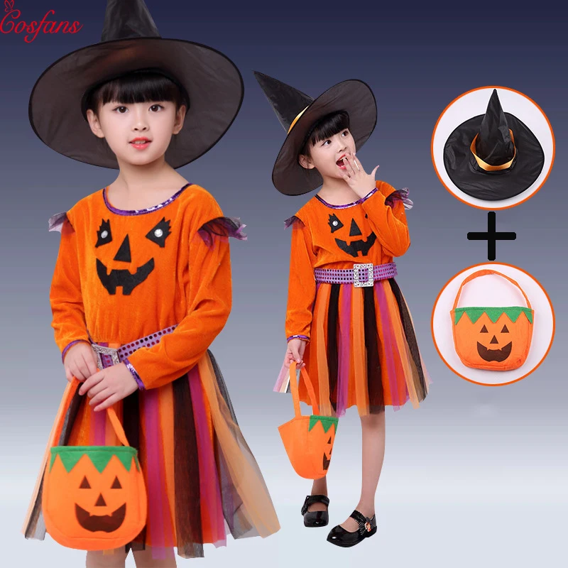 Girl witch Cosplay costume Party children kids girls Halloween party dress pumpkin | Тематическая одежда и униформа