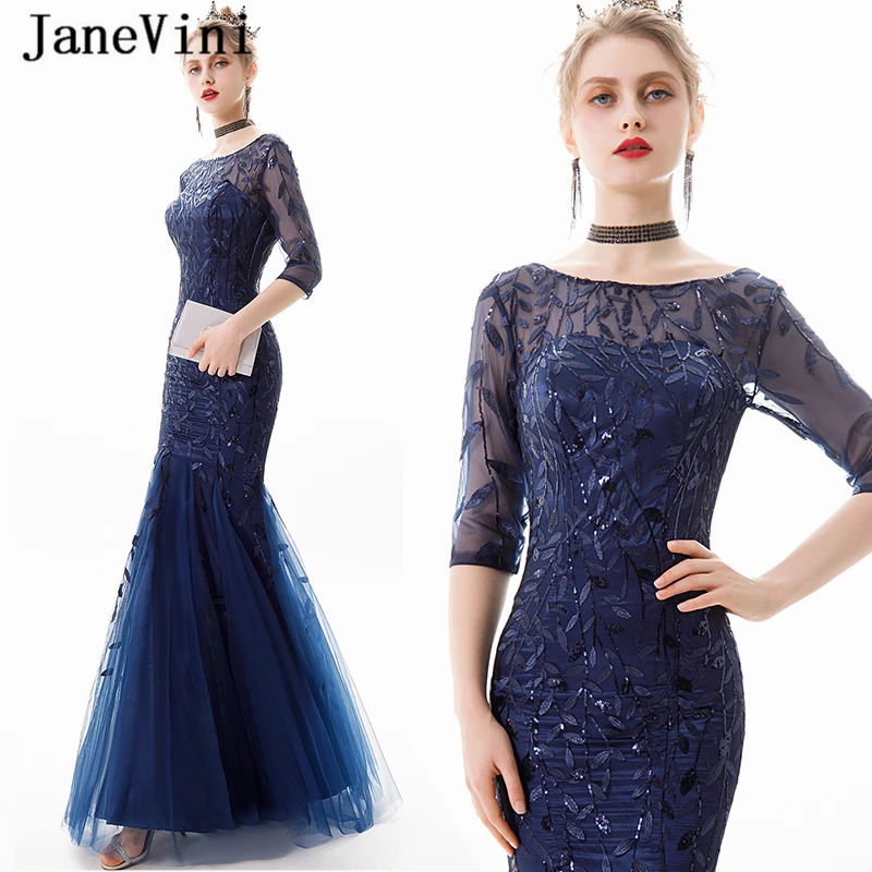 

JaneVini Navy Blue Mermaid Long Evening Dresses with Sleeves 2019 Scoop Neck Robe De Soiree Sparkle Sequined Tulle Formal Dress