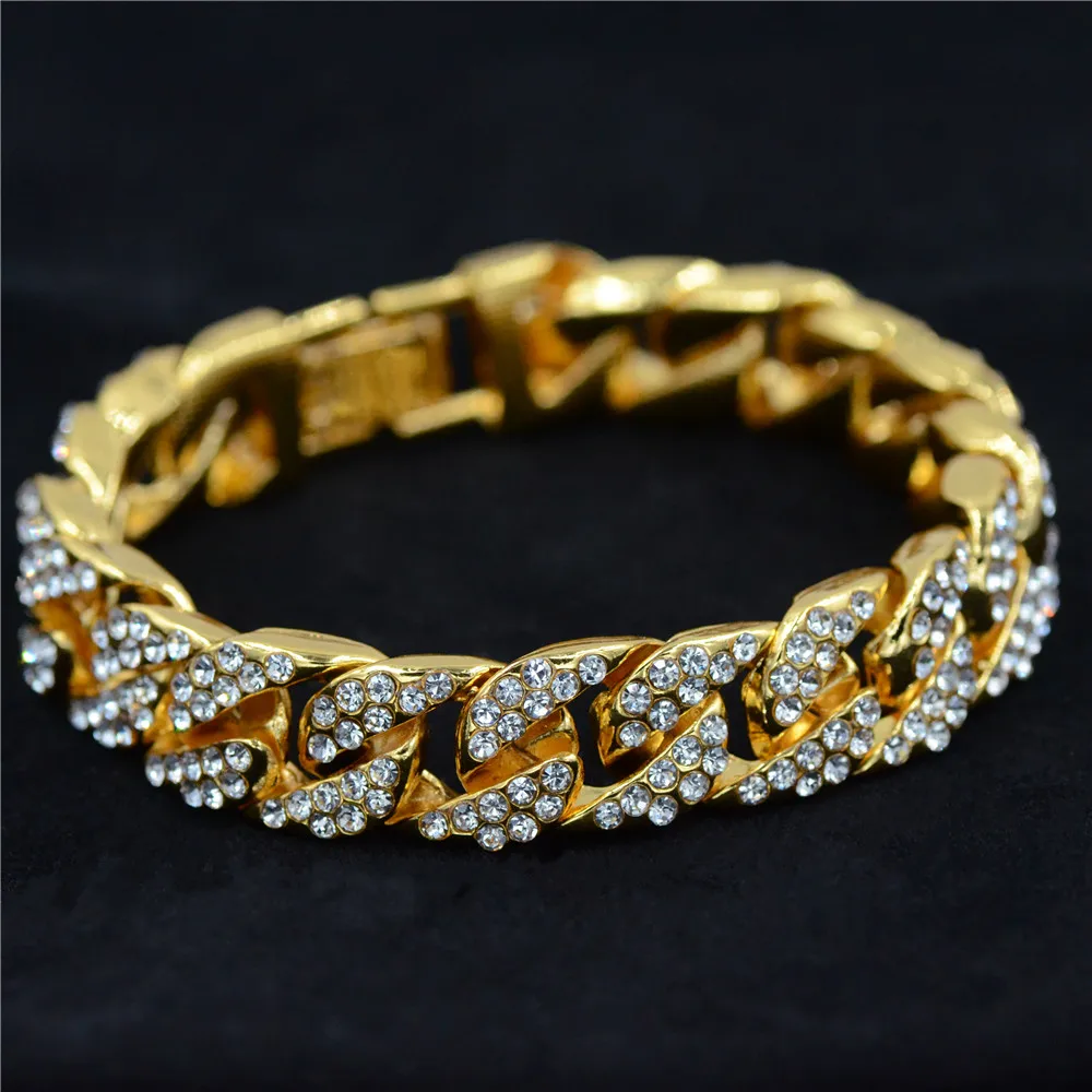 

Uodesign 14mm Mens Bracelet for Women Hiphop Jewelry Iced Out Curb Cuban Chain Yellow Gold Filled Paved Rhinestones