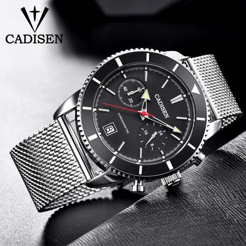 Мужские часы с хронографом CADISEN брендовые Роскошные Кварцевые водонепроницаемые