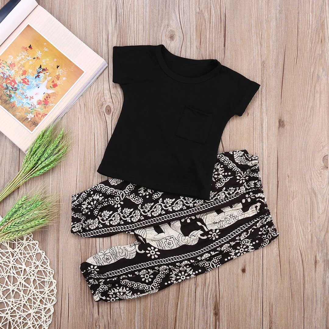 Летние футболки для маленьких девочек 2 предмета топы с цветочным принтом