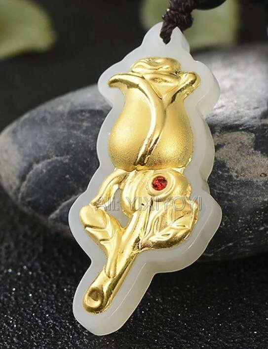 Beautiful Natural White Hetian Jade + 18K Solid Gold Inlaid Cute Rose Flower Amulet Lucky Pendant Free Necklace Fine Jewelry | Украшения и